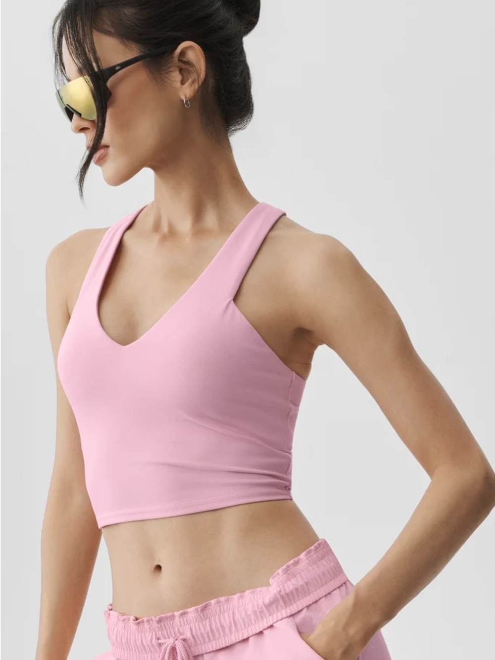ALO Yoga Pink V-Neck Crop Sports Tank and Short Set